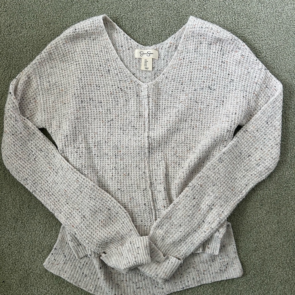 Gray V-Neck Sweater Long Sleeve with Soft Knit Texture